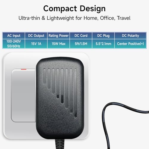 UL Listed 15V 1A 6 ft AC DC Power Supply Adapter with 3 Tips Replacement Backup Cord for Litter (15V1A+3 Tips)