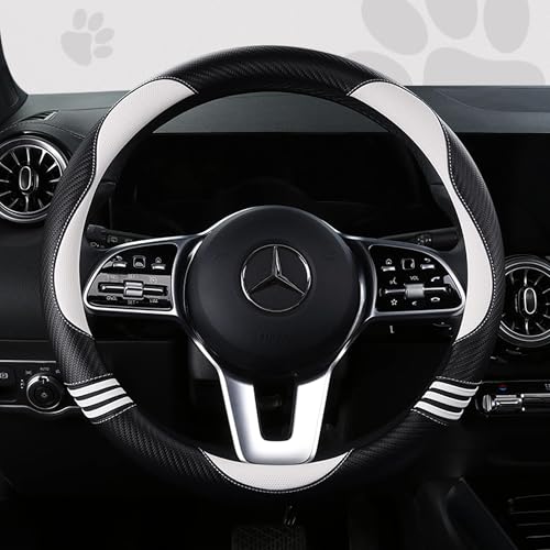 Car Steering Wheel Covers for Women Padded Carbon Fiber PU Leather Cute Auto Interior Accessories for Vehicle (White+Black / Standard Size[14.75-15.15"](37.5-38.5cm))
