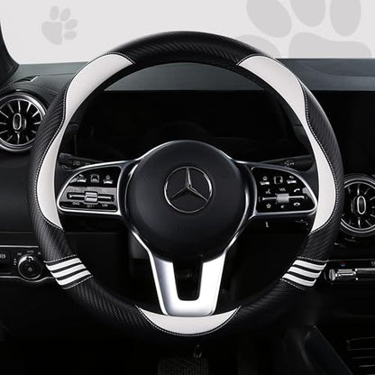 Car Steering Wheel Covers for Women Padded Carbon Fiber PU Leather Cute Auto Interior Accessories for Vehicle (White+Black / Standard Size[14.75-15.15"](37.5-38.5cm))