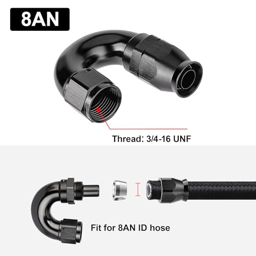 8AN 180 Degree PTFE One Piece Full Flow End Hose Fitting Aluminum Black (8AN / 180 Degree)