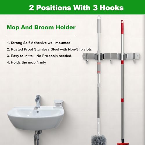 2 Racks and 3 Hooks Mop and Broom Holder Wall Mount (2 Racks 3 Hooks / Black)
