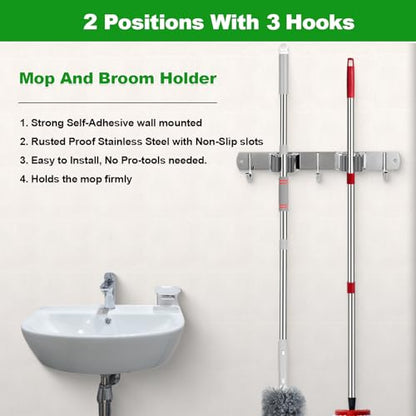 2 Racks and 3 Hooks Mop and Broom Holder Wall Mount (2 Racks 3 Hooks / Black)