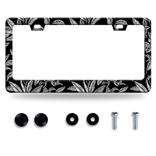 Tropical Leaf License Plate Frame Stainless Steel Car Accessory 6.3x12.3In (Black white tropical leaf)