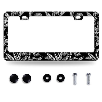 Tropical Leaf License Plate Frame Stainless Steel Car Accessory 6.3x12.3In (Black white tropical leaf)