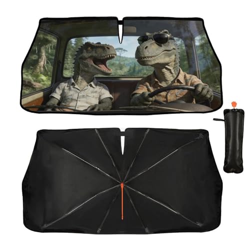 Dinosaur Car Windshield Sun Shade Umbrella Bendable Handle Foldable Funny Dinosaur Animal Driving Sunshade for Car Windshield Block UV Rays Keep Vehicle Cool for Most Sedans SUV Trucks 57"x30" (147*75cm,33*11cm / Dinosaur)