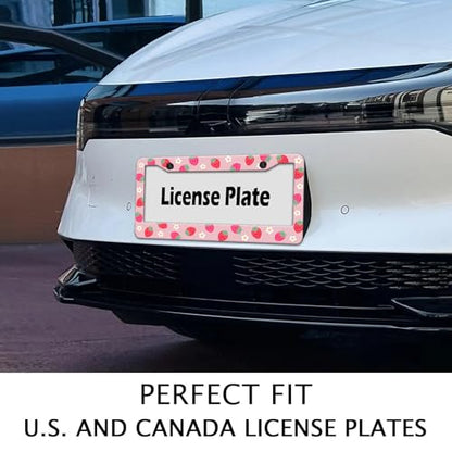 Strawberry License Plate Frame Flower Fruit Cute License Plate Frame Holder Covers with Screw Caps Kawaii Girly Metal Aluminum Rustproof Car Accessories for Women 12x6 Inch (Strawberry)