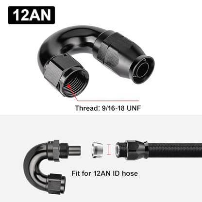 12AN 180 Degree PTFE One Piece Full Flow End Hose Fitting Aluminum Black (12AN / 180 Degree)