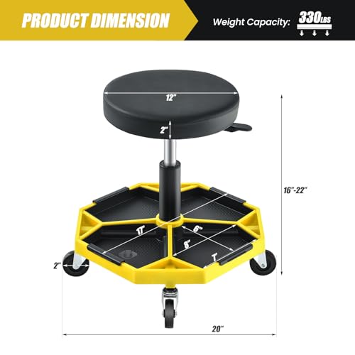 Rolling Mechanic Stool with Removable Tool Tray & Padded Cushion (Bottom Tool Tray / Yellow)