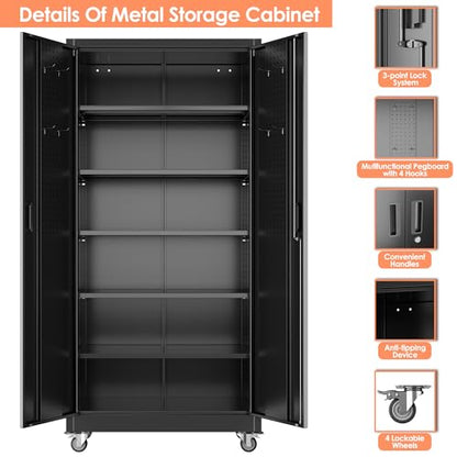 Garage Storage Cabinet with Wheels & Pegboard Doors (Black / 18"D x 34"W x 71"H)