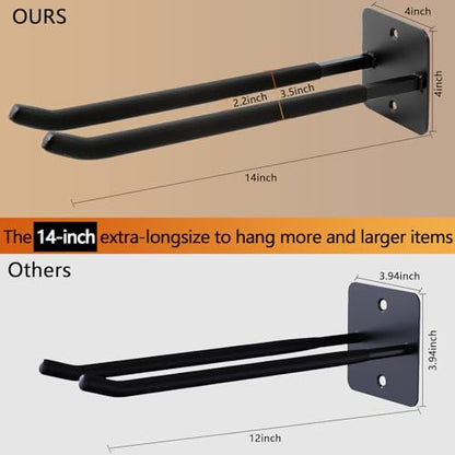 2 Pack Steel Wall Mount Double Garage Storage Hooks (2pc Upgraded Square tube hooks -14")