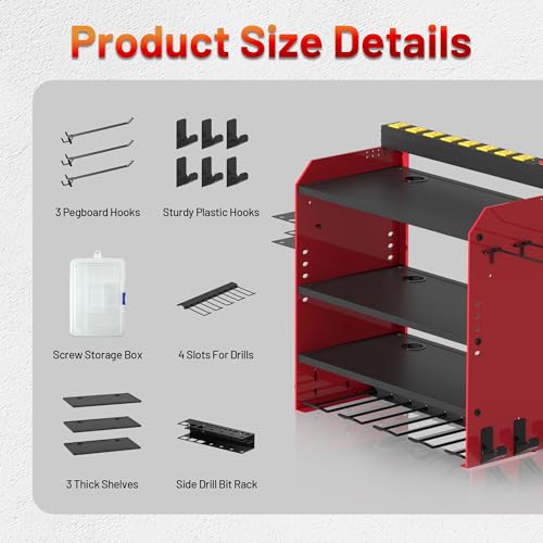 Power Tool Organizer Wall Mount with Charging Station (Red,Black / 4 Layer)
