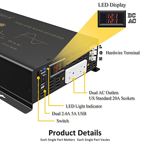2500W Pure Sine Wave Power Inverter 12VDC to 120VAC 60HZ Dual AC Outlets 2× 2.4A USB Port&Hardwire Terminal Off (2500W12V)