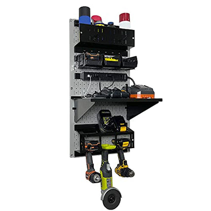 Power Tool Storage Organizer Kit Cordless Drill Holder Charging Station Rack 16” x 32” Metal Pegboard Organization System (Grey Pegboard)