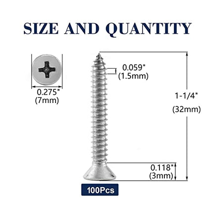7 x 1-1/4" Wood Screw 100Pcs 18-8 (304) Stainless Steel Screws Flat Head Phillips Fast Self Tapping Drywall Screws by SG TZH (#7 x 1-1/4")