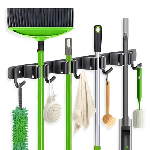 Wall Mount Broom Holder 4 Racks 5 Hooks Metal Tool Organizer Black (1Pack 4R5H / Black)