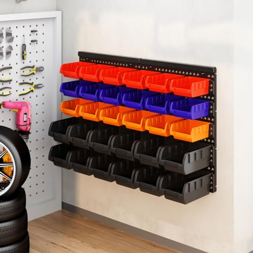 Wall Mounted Storage Bins Parts Rack 4 Colors Bin Organizer Garage Plastic Shop Tool (25.2"*16.2" / Classic)