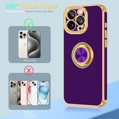 for iPhone 15 Pro Case 360° Rotatable Ring Holder Kickstand Shiny (For iPhone 15 Pro(6.1 inch,2023) / Deep Purple)