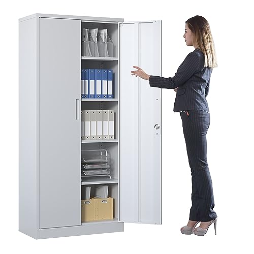 Metal Storage Cabinet for Garage (White / L - 2 Doors & 5 Shelves (Wheelless))