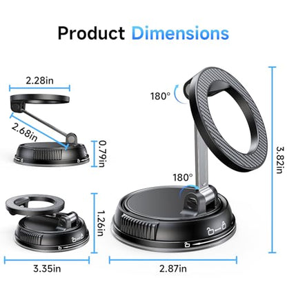 Compact Foldable Car Phone Holder for Magsafe [78+LBS Strongest Suction & 2400gf Strongest Magnetic] 360° Adjustable Car Phone Mount (Carbon Fiber)