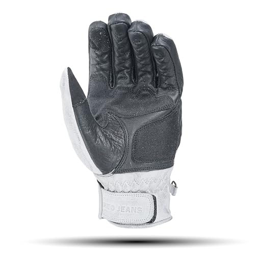 Leather Motorcycle Gloves for Men with Soft Polyester Lining Bike Riding Gloves with Grip Patches on Palm and Accordion Panels on Fingers and Cuff (X-Small / Diamond White/Black)