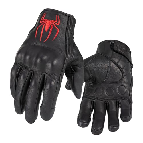Goatskin Leather Motorcycle Motorbike Powersports Racing Gloves Reflective Skull Touchscreen for Men and Women Model (Red / Small)