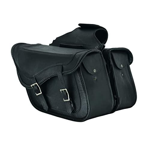 Motorcycle Saddle Bags Genuine Leather Motorcycle Luggage Bag For Softails Sportsters and Choppers (13”x13“x10” / Black)