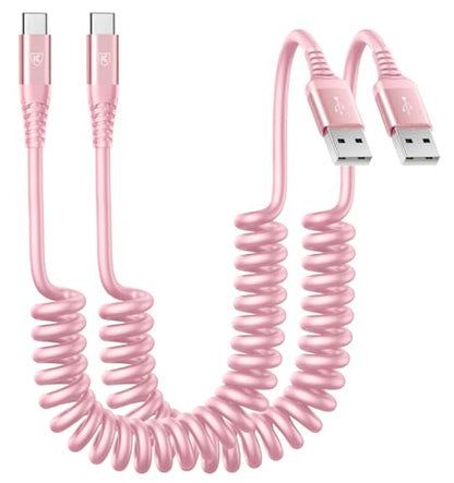 Coiled USB A to USB C Cable for Car [2 (6FT / Pink)