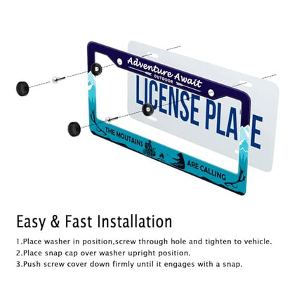 Adventure Await License Plate Frame Mountains Forest Bear License Plate Holder Metal Aluminum Rustproof Hiking Camping Car Tag Frame Auto Accessories Decoration for Women Men (Adventure -Blue)