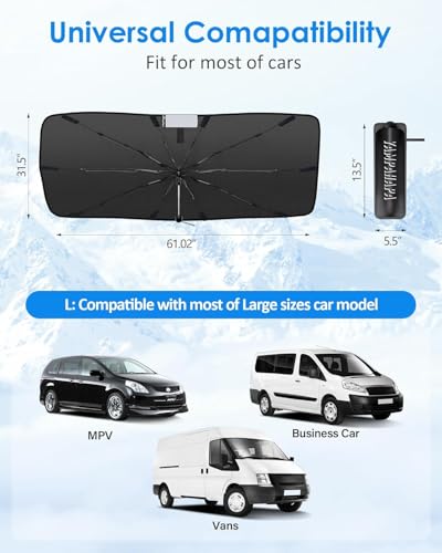 2025 Upgrade] Windshield Sun Shade Umbrella (61 x 31 in / Black+Sliver)