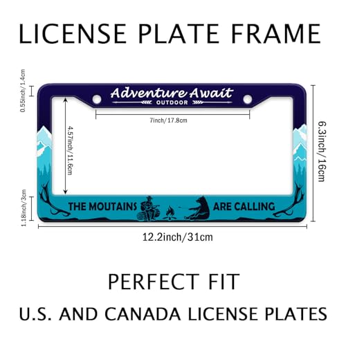 Adventure Await License Plate Frame Mountains Forest Bear License Plate Holder Metal Aluminum Rustproof Hiking Camping Car Tag Frame Auto Accessories Decoration for Women Men (Adventure -Blue)