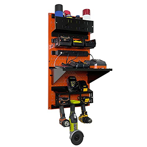 Power Tool Storage Organizer Kit Cordless Drill Holder Charging Station Rack 16” x 32” Metal Pegboard Organization System (Orange Pegboard)