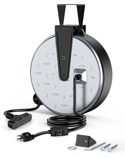 Retractable Extension Cord Reel (Silver/Black-black Cord)