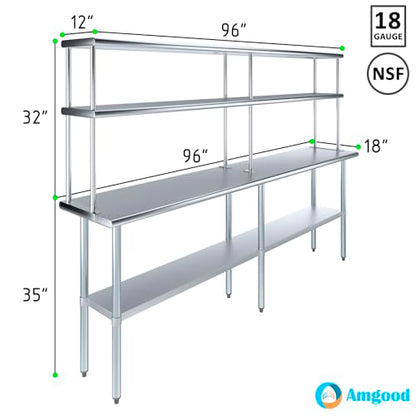 Stainless Steel Work Table Double Tier Overshelf (18" x 96" Work Table + 12" Overshelf)