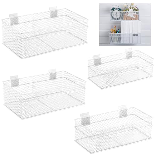 4 Pcs Slatwall Basket Set Ventilated Metal Slatwall Basket Hanging Wire Bins Wall Mounted Accessories for Panel Garage Storage Display Organizing (Assorted Sizes / White)