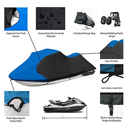 Trailerable Jet Ski Cover Waterproof PWC Cover Fits 103" (Blue/Black / Fits from 103"-115"(1 or 2 seater))