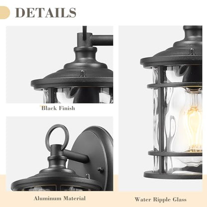 2 Pack Exterior Wall Sconce Light (Black - Water Ripple Glass / 11.4 Inch)