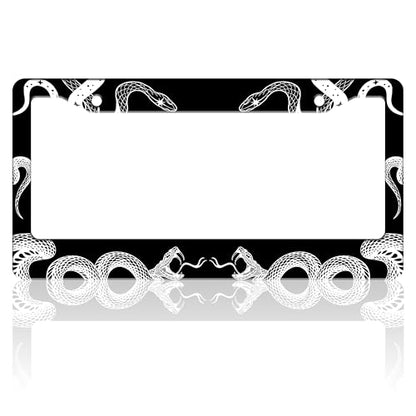 Snake Crawling Gothic License Plate Frame Stainless Steel 6.3 X 12.2 Inch (Black And White Snake Crawling)