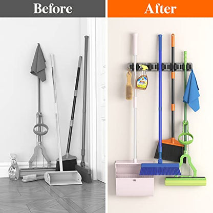 Mop and Broom Holder Organizer Wall Hanging Mount (Gray)