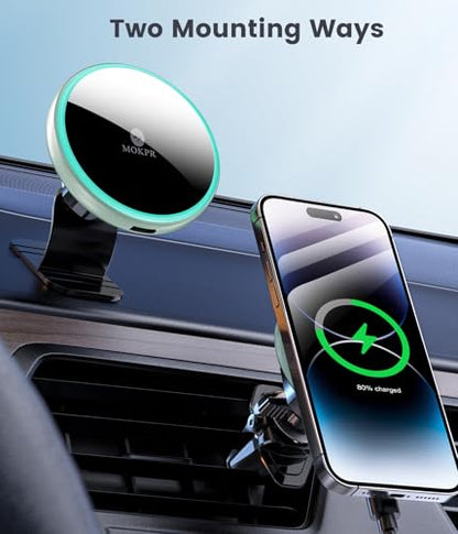 for Magsafe Car Mount Charger 15W LED RGB Car Phone Holder for Dash Vent (Mint Green)