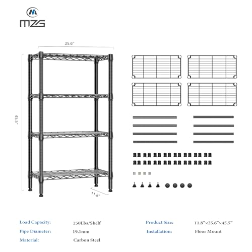 1000 lbs 4 Tier Shelf Metal Storage Shelves Wire Rack Closet Organizers for Garage Kitchen Bathroom Laundry Black 11.8" D x 25.6" W x 45.5" H (4 tier, 11.8" D x 25.6" W x 45.5" H / Black)