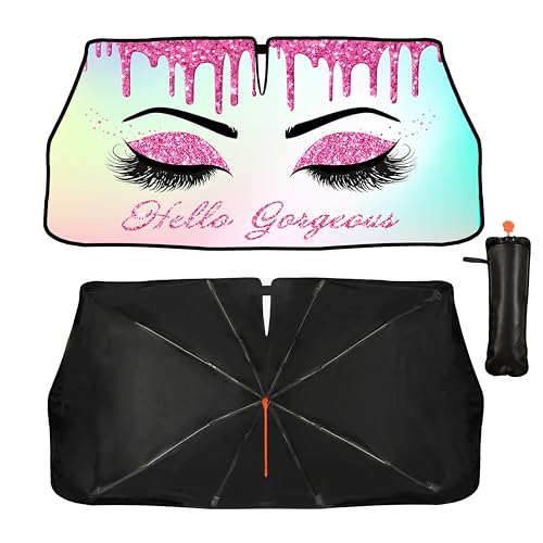 Gorgeous Eyelash Car Windshield Sunshade Umbrella Hello Girl Foldable Sunshade for Car Front Window Shades Sun Visor Protector Auto Windshield Cover Cars Trucks & Suvs 57"x30" (colorful-funny)