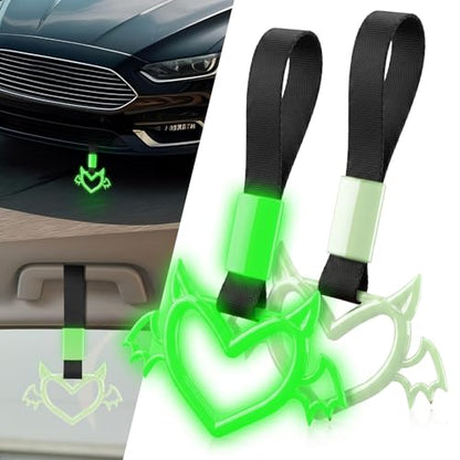 2 Pcs Devil Heart Shaped Car Handle Strap (Luminous Green-Wing)