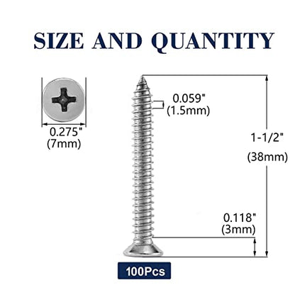 7 x 1-1/2" Wood Screw 100Pcs 18-8 (304) Stainless Steel Screws Flat Head Phillips Fast Self Tapping Drywall Screws by SG TZH (#7 x 1-1/2")
