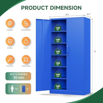 Metal Garage Storage Cabinets with Lock Door and Adjustable Shelves (71 X 32 X 16 In(H X W X D) / Blue)