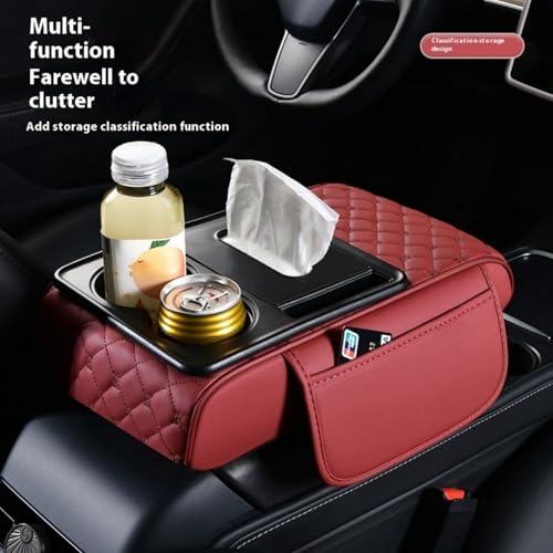 5-in-1 Center Console Cover Organizer Armrest Cover Cushion Pad with Cup Holder, Storage Pocket and Tissue Holder for Car, Grid, Rose-Tinted (Grid / rose-tinted)