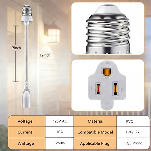 2 Pcs 3 Outlet Light Socket Adapter (White)