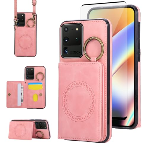 Compatible with Samsung Galaxy S20 Ultra 5G Wallet Case Screen Protector Crossbody Shoulder Strap Ring Buckle Stand Card Holder Magnetic Car Mount Phone Cover for S20ultra 20ultra G5 Women Men Pink (Rose Gold / for S20 Ultra)