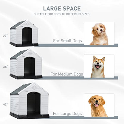 Durable Waterproof Plastic Dog House for Small to Large Sized Dogs (Gray / 34"L x 31"W x 32"H)