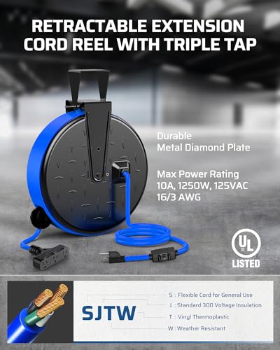 Retractable Extension Cord Reel (Black/Blue--blue Cord)