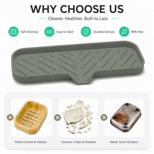 Silicone Soap Dish with Drain Spout (Grey / L(12"×4"))